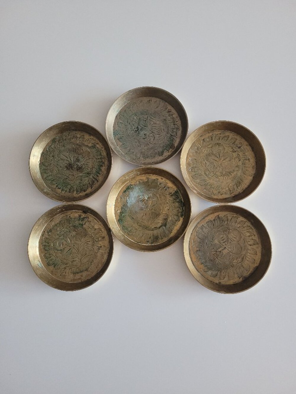6x Vintage Made in India Engraved Brass Coasters
